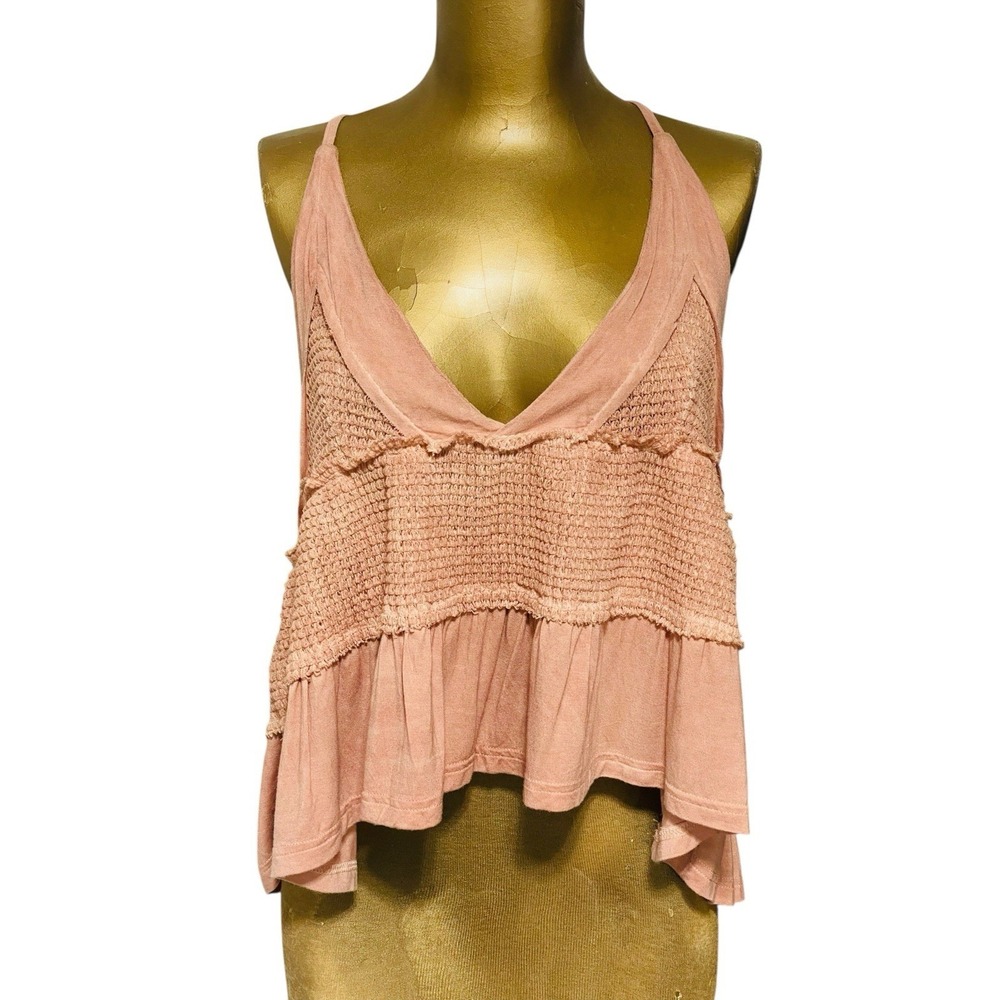 POL Faded Waffle Textured Pink/Peach Ruffle Stretch Babydoll Cami TankTop S- Med
